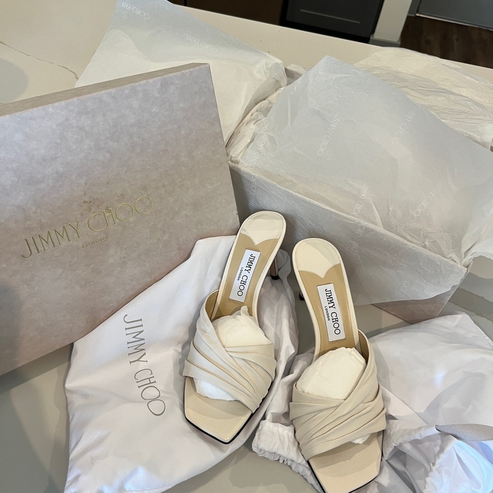 Jimmy Choo Cream Mules with Wide Straps and Cushioned Footbed “Basil Mule 75”